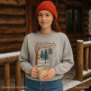 🪶 Vintage BASIC EDITIONS Winter Birds Embroidered Sweatshirt Gray Fleece